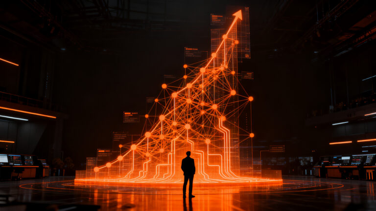 Fundador analizando métricas de crecimiento de IA ante una infraestructura digital, representando la valuación de Mistral AI y el futuro del funding tecnológico en Europa.