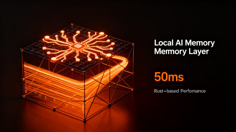 Capa de memoria AI local con red neuronal luminosa, representando Mnemo para LLMs con arquitectura local-first y alta velocidad de procesamiento.
