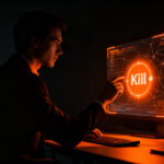 Usuario navegando en un entorno digital oscuro con control de IA, representando privacidad y kill switch en Firefox.