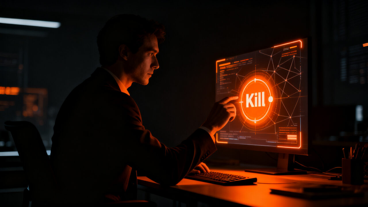 Usuario navegando en un entorno digital oscuro con control de IA, representando privacidad y kill switch en Firefox.