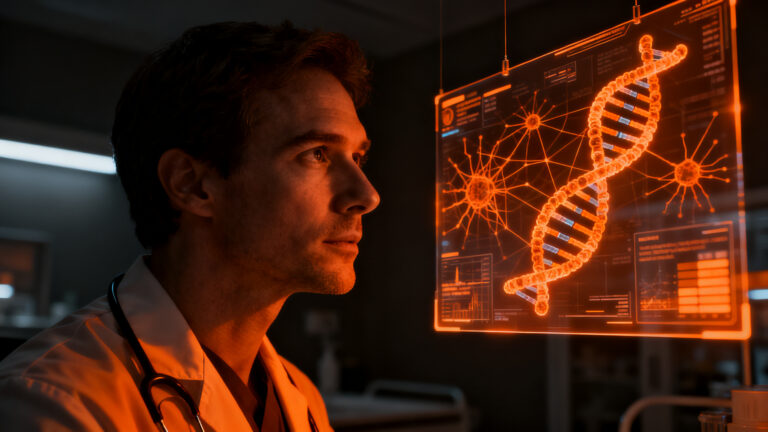 Médico analizando datos genómicos mediante IA en una consulta de atención primaria, representando la revolución de la medicina de precisión en España.
