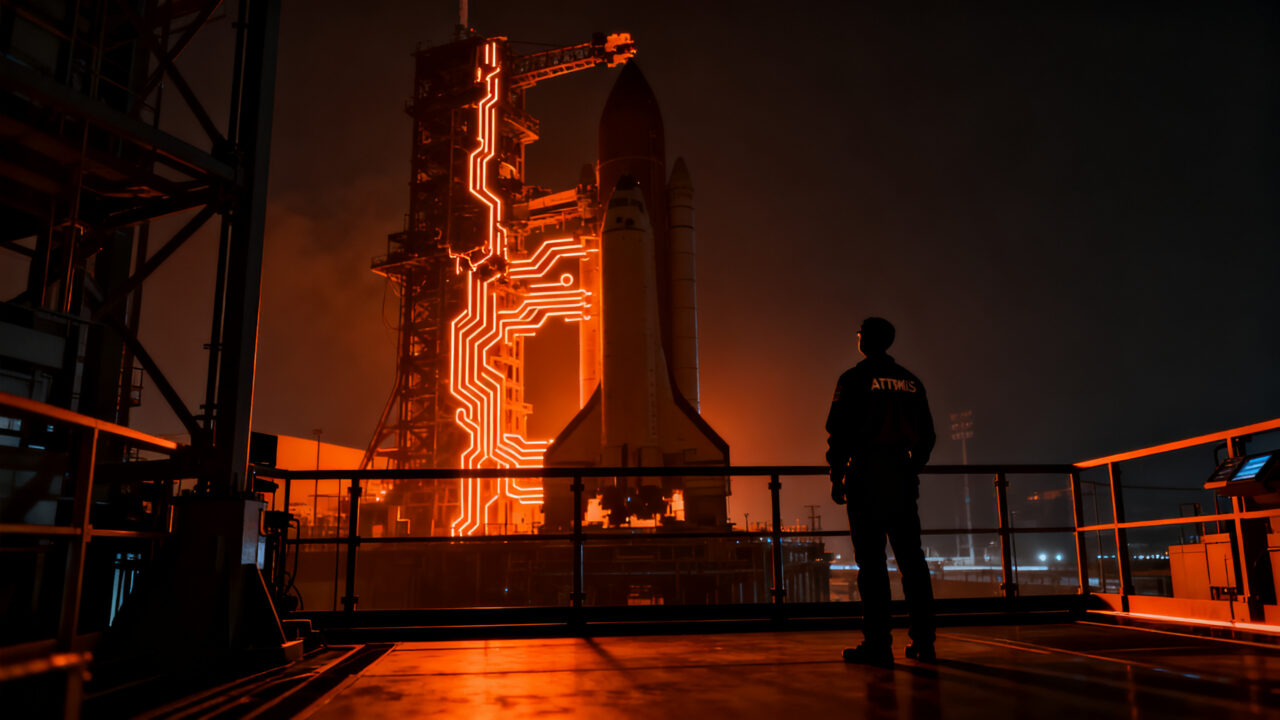 Ingeniero aeroespacial observando la plataforma de lanzamiento del programa Artemis de la NASA, representando los desafíos de infraestructura en el NewSpace.