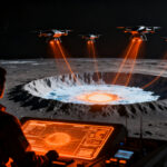 Drones de la NASA explorando el polo sur lunar, representando oportunidades para startups en la economía espacial NewSpace.