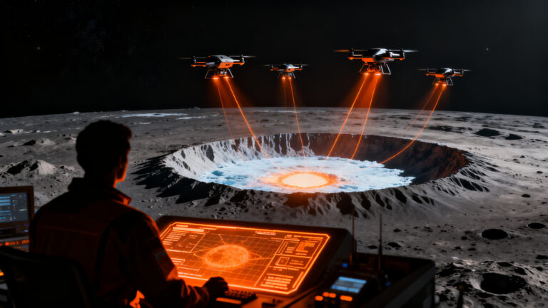 Drones de la NASA explorando el polo sur lunar, representando oportunidades para startups en la economía espacial NewSpace.