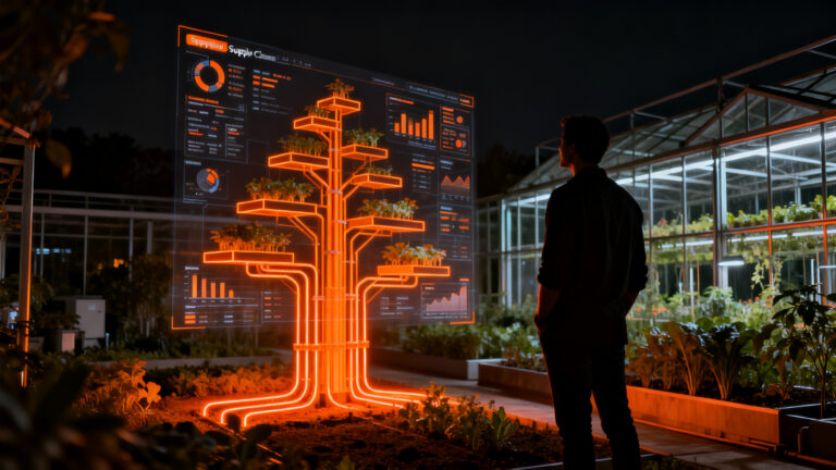 Fundador de startup agtech analizando datos de cultivos en una interfaz digital, representando financiación ENISA y crecimiento en el sector agroalimentario.