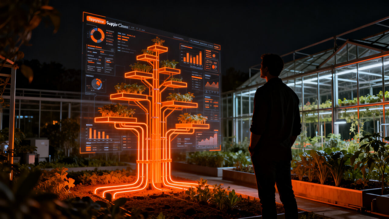 Fundador de startup agtech analizando datos de cultivos en una interfaz digital, representando financiación ENISA y crecimiento en el sector agroalimentario.