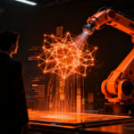 Figura humana observando un brazo robótico avanzado en un entorno de alta tecnología, representando la inversión en robótica cognitiva y el futuro de la IA física.