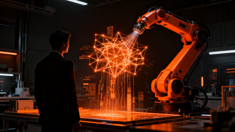 Figura humana observando un brazo robótico avanzado en un entorno de alta tecnología, representando la inversión en robótica cognitiva y el futuro de la IA física.