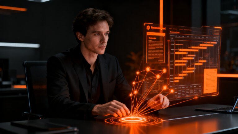 Profesional trabajando en una oficina moderna con herramientas de gestión de proyectos y soberanía de datos, estilo corporativo tecnológico.