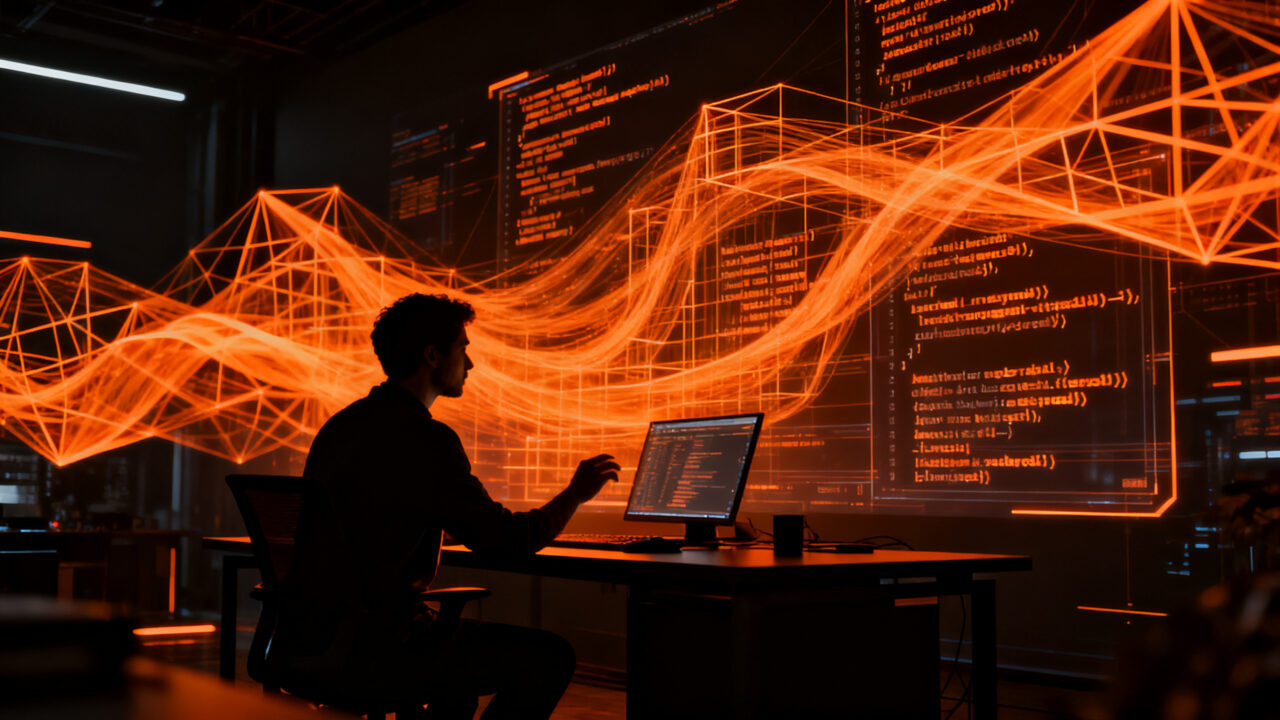 Ingeniero de software colaborando con una interfaz de IA avanzada, optimizando el desarrollo de código en startups.