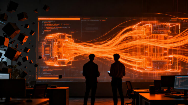 Equipo de ingenieros trabajando en una interfaz de codificación IA, representando la flexibilidad frente al lock-in tecnológico.