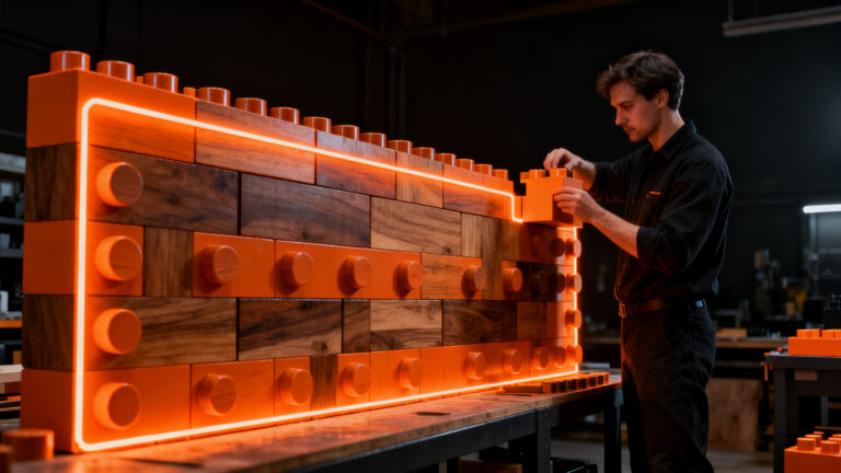 Bloques de madera tipo LEGO para construcción industrializada de viviendas sostenibles, concepto de eficiencia modular.