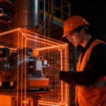 Ingeniero industrial inspeccionando maquinaria de automatización en entorno de riesgo ATEX, representando seguridad y cumplimiento normativo.