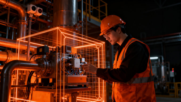 Ingeniero industrial inspeccionando maquinaria de automatización en entorno de riesgo ATEX, representando seguridad y cumplimiento normativo.