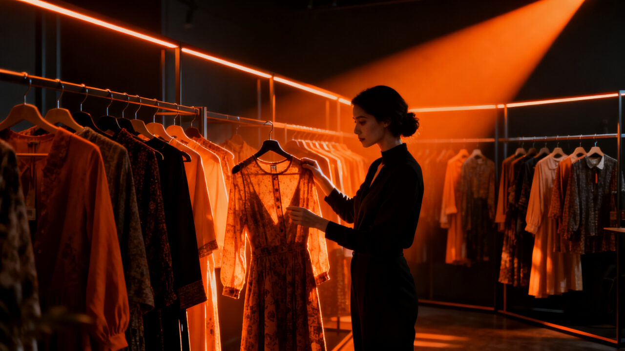 Emprendedora curando piezas de moda circular en una tienda de ropa usada, representando el crecimiento sostenible y el retail de segunda mano.