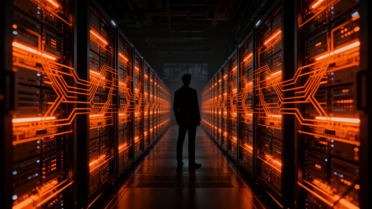 Estratega financiero observando una red masiva de datos e infraestructura de semiconductores, simbolizando la estrategia de capital de Nvidia.