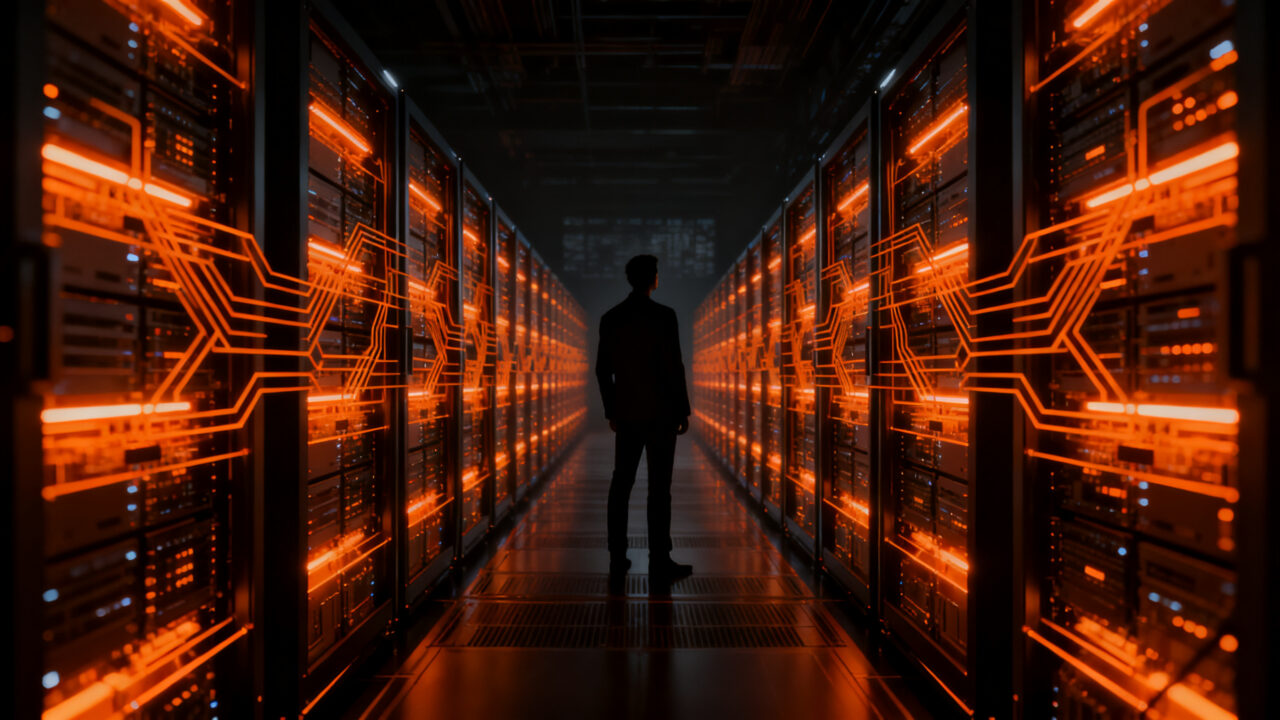 Estratega financiero observando una red masiva de datos e infraestructura de semiconductores, simbolizando la estrategia de capital de Nvidia.