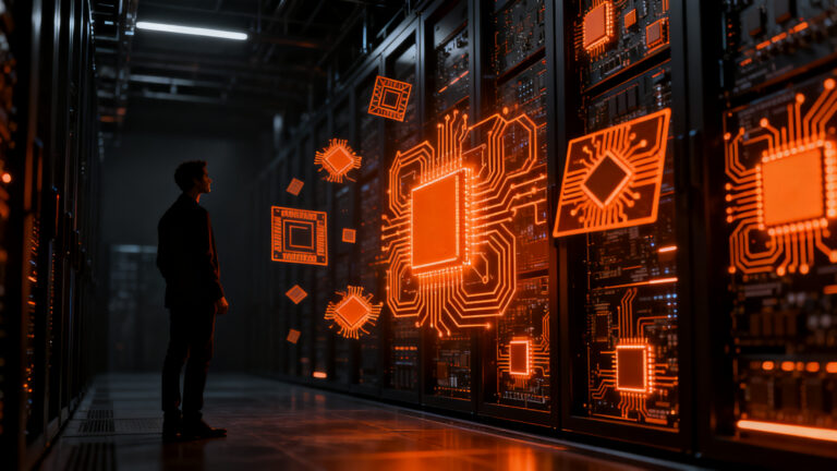 Ingeniero frente a servidores de IA representando la independencia tecnológica de OpenAI y Broadcom en semiconductores.