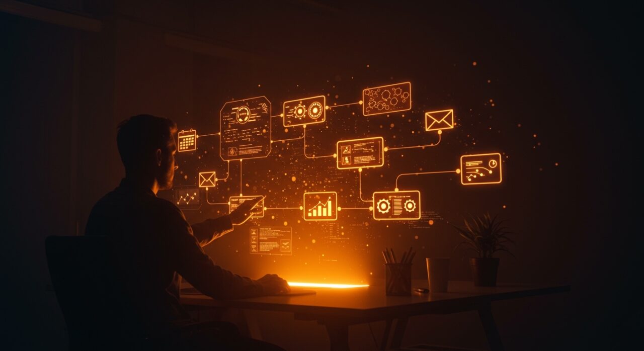 Representación conceptual de OpenAI Codex automatizando flujos de trabajo enterprise en una startup con tonos naranja y negro.