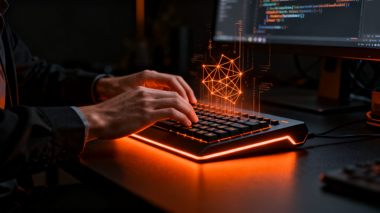 Desarrollador utilizando el macro pad de OpenAI Codex y Work Louder para aumentar la productividad en programación con IA.