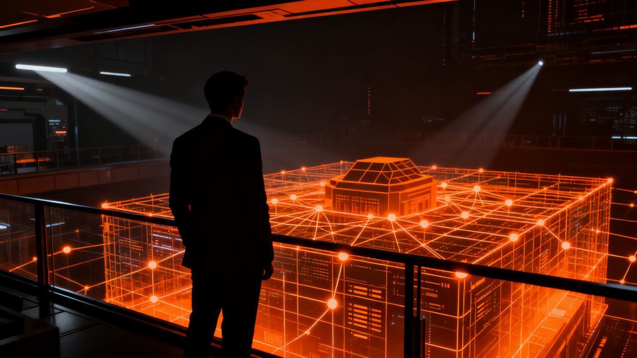 Silueta de estratega tecnológico observando una red de nodos de IA bajo supervisión gubernamental, representando el impacto de OpenAI GPT-5.6 Sol en startups.