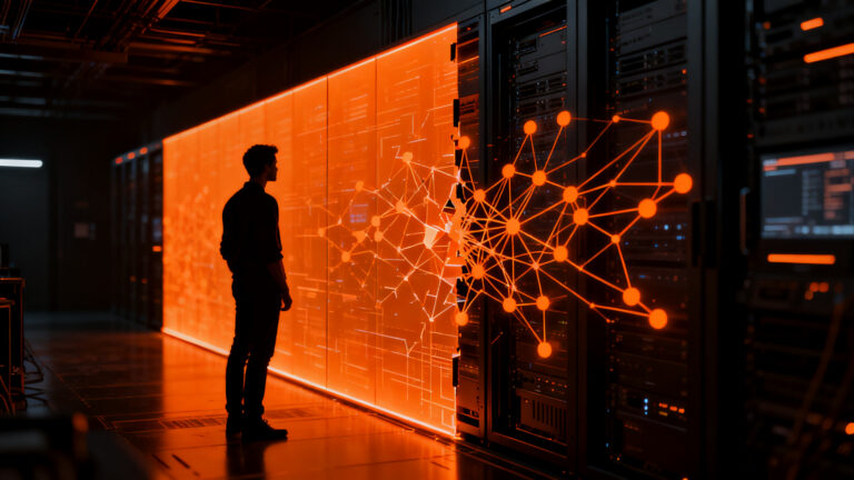Emprendedor observando una red de datos bloqueada por una barrera gubernamental, representando la regulación de IA y OpenAI GPT-5.6.