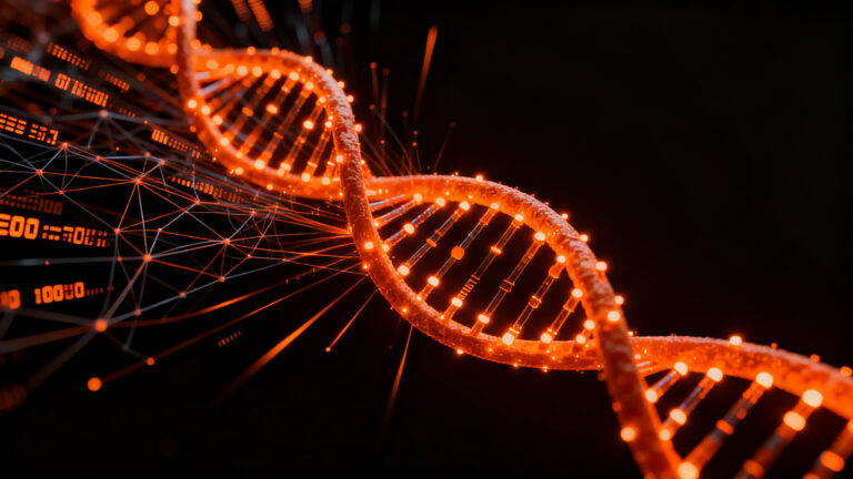 Estructura de ADN transformándose en redes neuronales de IA, representando GPT-Rosalind y la revolución de la biotecnología impulsada por inteligencia artificial.