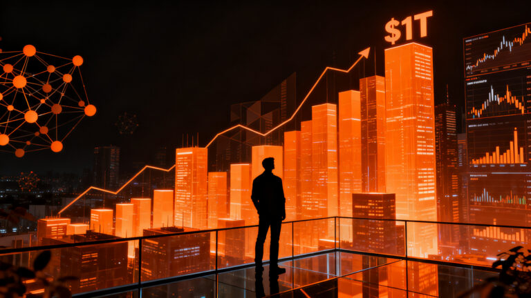 Líder de startup observando un horizonte digital de valoraciones bursátiles de IA, representando el impacto de la salida a bolsa de OpenAI en el ecosistema emprendedor.