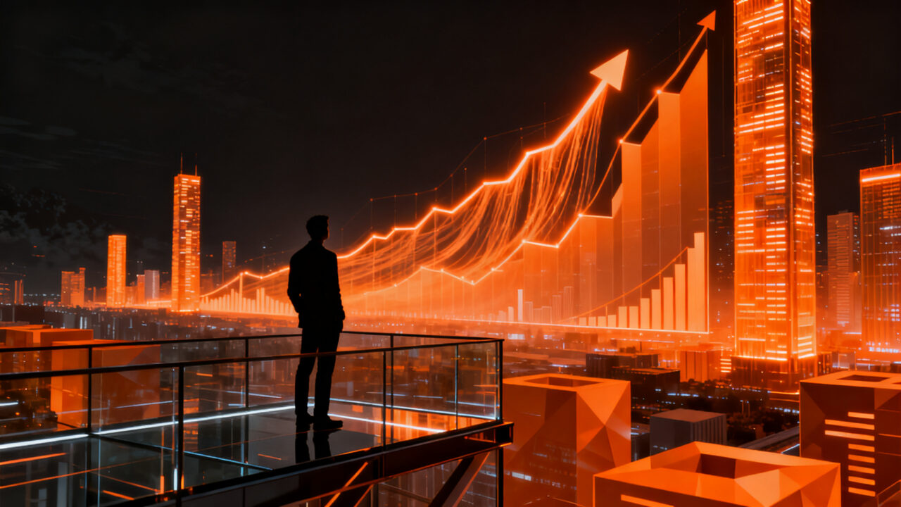 Fundador observando el horizonte financiero y la valoración de mercado de OpenAI, simbolizando la estrategia de IPO y crecimiento a largo plazo.