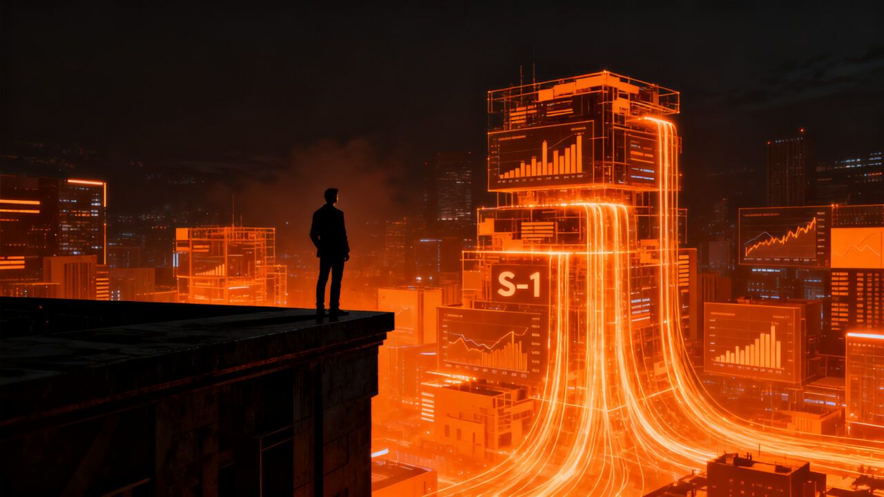 Emprendedor analizando un horizonte de datos financieros y tecnológicos, representando el impacto de la salida a bolsa (IPO) de OpenAI para startups de IA.