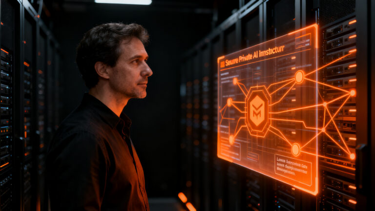 Founder supervisando servidores de IA privada on-premise, representando la seguridad de datos en el despliegue local de OpenAI.