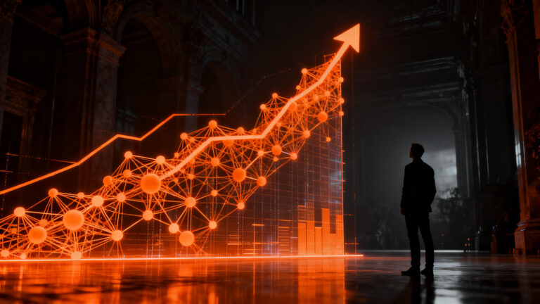 Silueta de un ejecutivo frente a una proyección de datos financieros, representando la valoración de un billón de dólares de OpenAI hacia 2027.