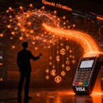 Agente de IA realizando pagos automatizados en un entorno digital, simbolizando la integración de OpenAI y Visa en el comercio inteligente.