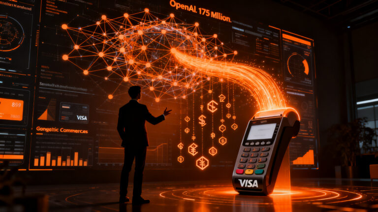 Agente de IA realizando pagos automatizados en un entorno digital, simbolizando la integración de OpenAI y Visa en el comercio inteligente.