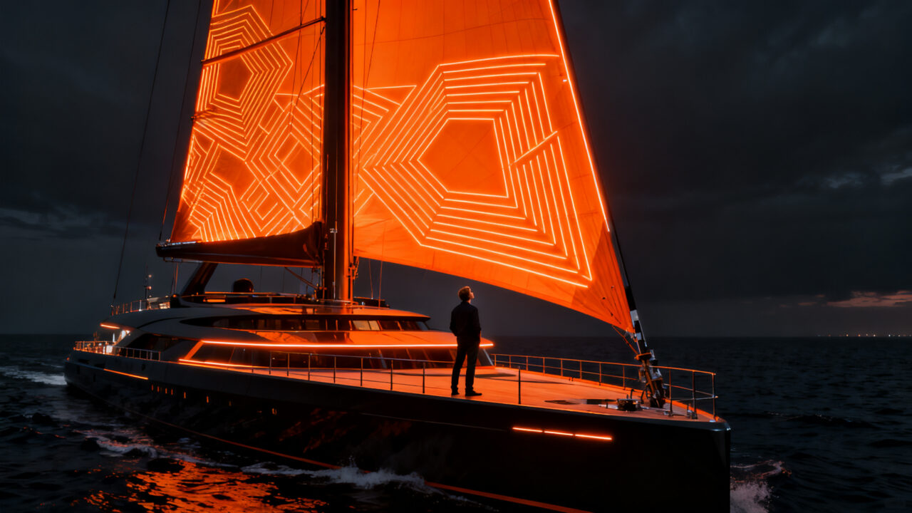 El yate Orient Express Corinthian y la tecnología SolidSail, representando la innovación en deeptech y sostenibilidad naval.