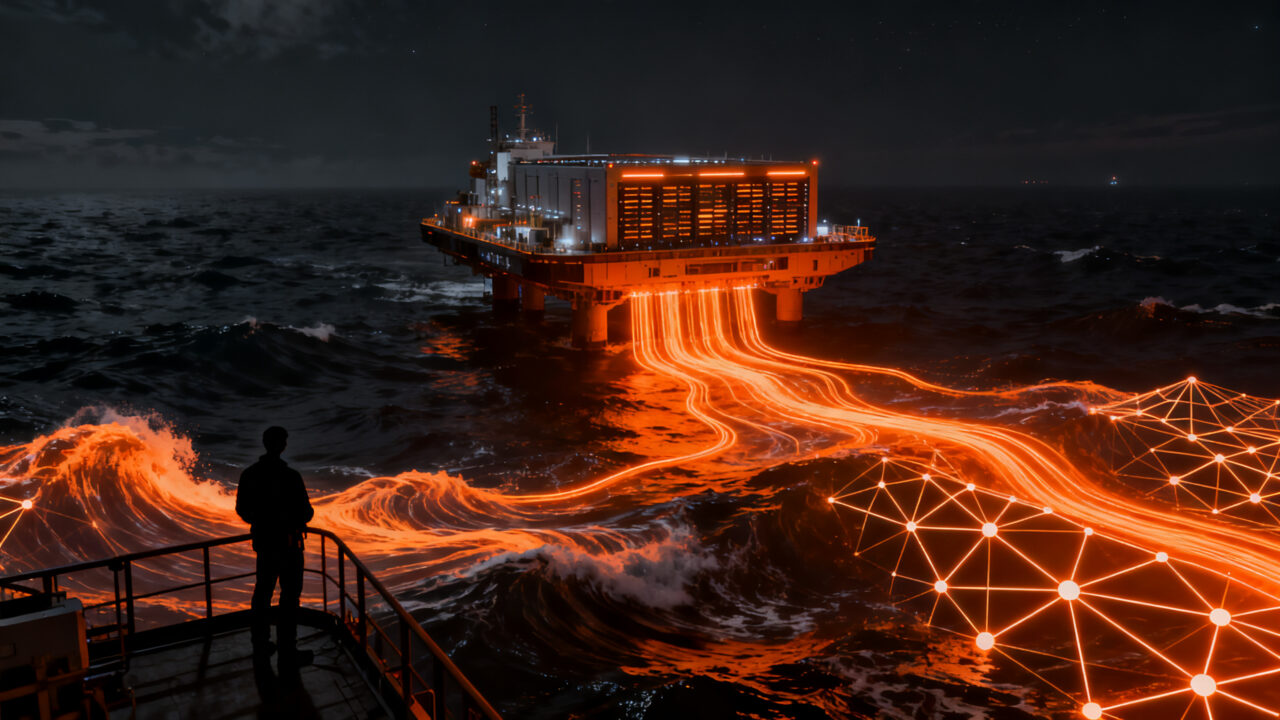 Centro de datos flotante de Panthalassa en alta mar, infraestructura de IA impulsada por energía oceánica.