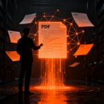 Profesional analizando estructuras de documentos digitales complejos para optimización de IA, representando el uso de PDFs inteligentes y Markdown.