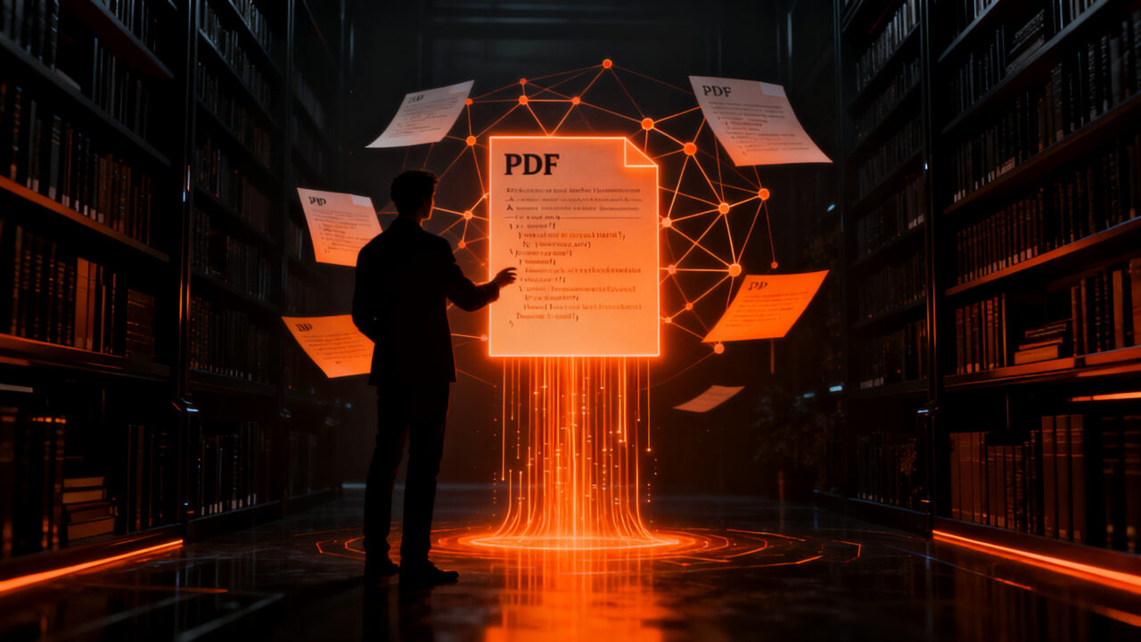 Profesional analizando estructuras de documentos digitales complejos para optimización de IA, representando el uso de PDFs inteligentes y Markdown.