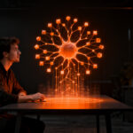 Un desarrollador frente a una interfaz de red neuronal abstracta, representando la implementación de perceptrones e IA en startups.