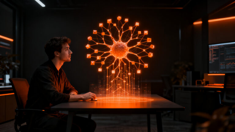 Un desarrollador frente a una interfaz de red neuronal abstracta, representando la implementación de perceptrones e IA en startups.