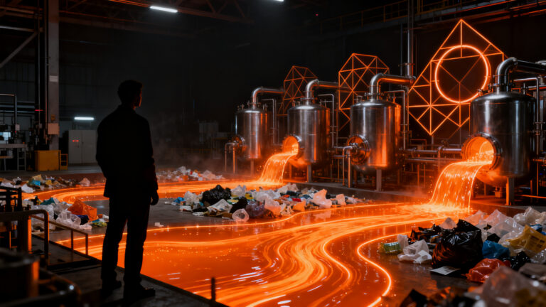 Startup mexicana Petgas transformando residuos plásticos en combustible mediante pirólisis, representando la innovación en cleantech y economía circular.