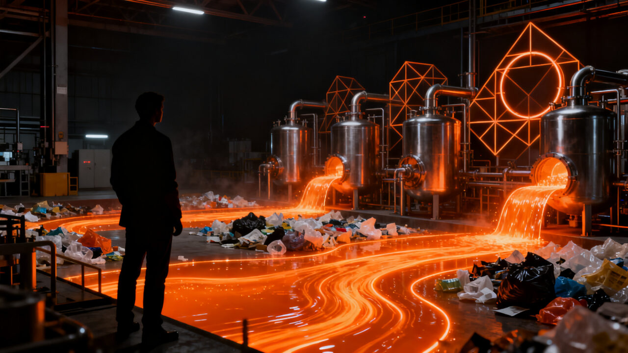 Startup mexicana Petgas transformando residuos plásticos en combustible mediante pirólisis, representando la innovación en cleantech y economía circular.