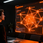 Fundador de startup pet tech analizando datos de marketplace en una oficina futurista, representando la digitalización vertical.