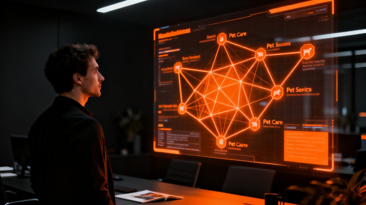 Fundador de startup pet tech analizando datos de marketplace en una oficina futurista, representando la digitalización vertical.