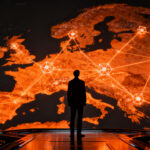 Mapa geopolítico de una Unión Europea expandida con un líder observando nuevas oportunidades para startups tecnológicas.