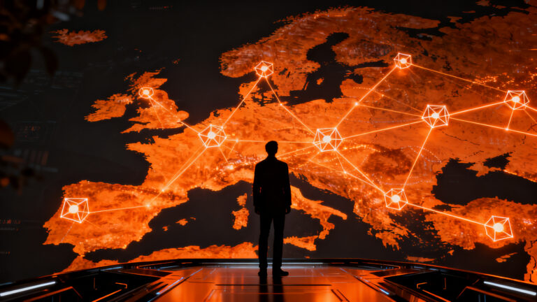 Mapa geopolítico de una Unión Europea expandida con un líder observando nuevas oportunidades para startups tecnológicas.