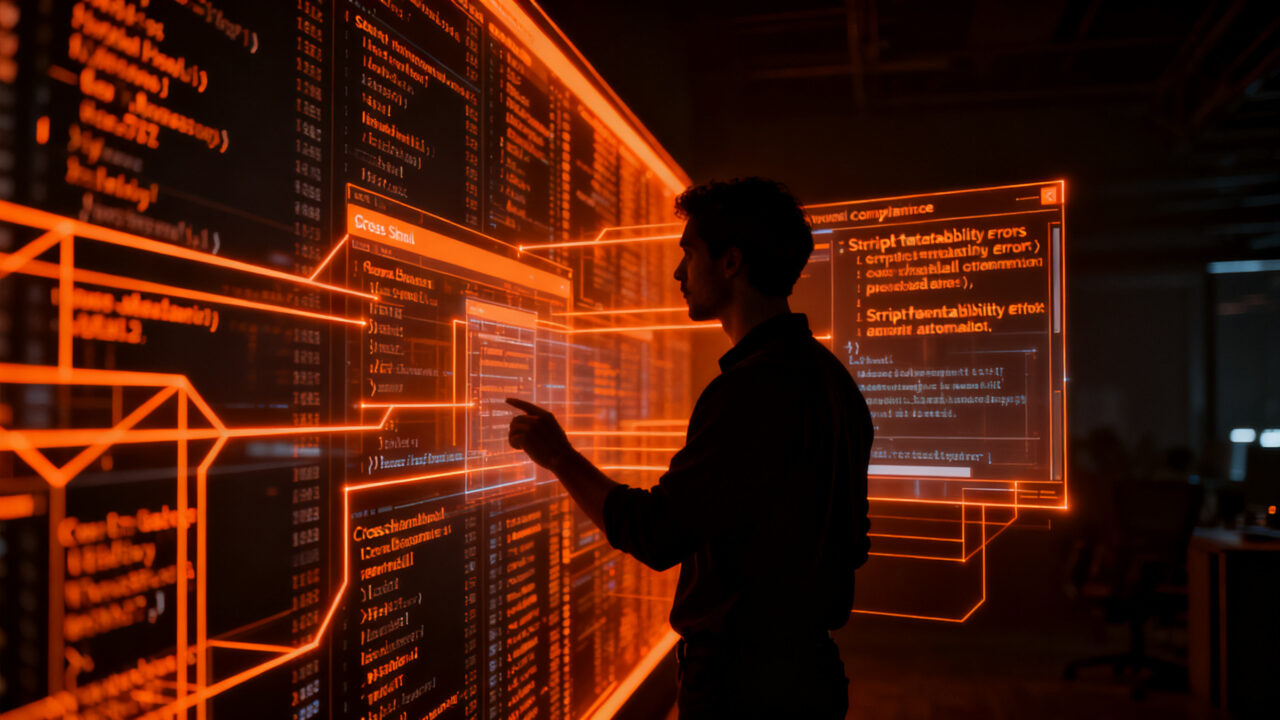 Ingeniero de DevOps revisando código y scripts portables POSIX en una terminal futurista para evitar errores en producción.