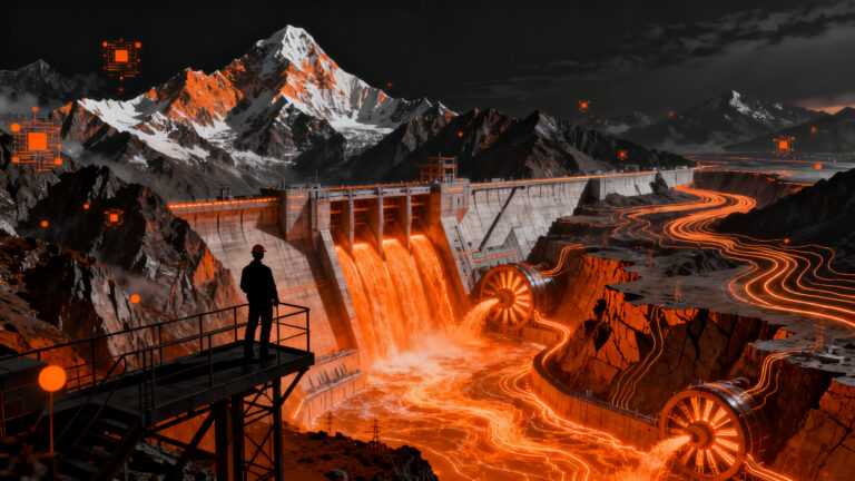 Construcción de la masiva central hidroeléctrica Motuo en el Himalaya, representando la escala de la infraestructura energética y el futuro de las energías renovables.