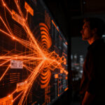 Tecnología de vigilancia y privacidad en IoT, representando la integración de rastreo de dispositivos en sistemas de seguridad urbana.