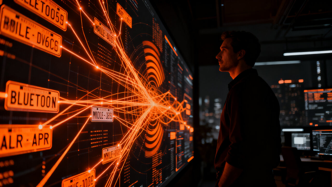 Tecnología de vigilancia y privacidad en IoT, representando la integración de rastreo de dispositivos en sistemas de seguridad urbana.
